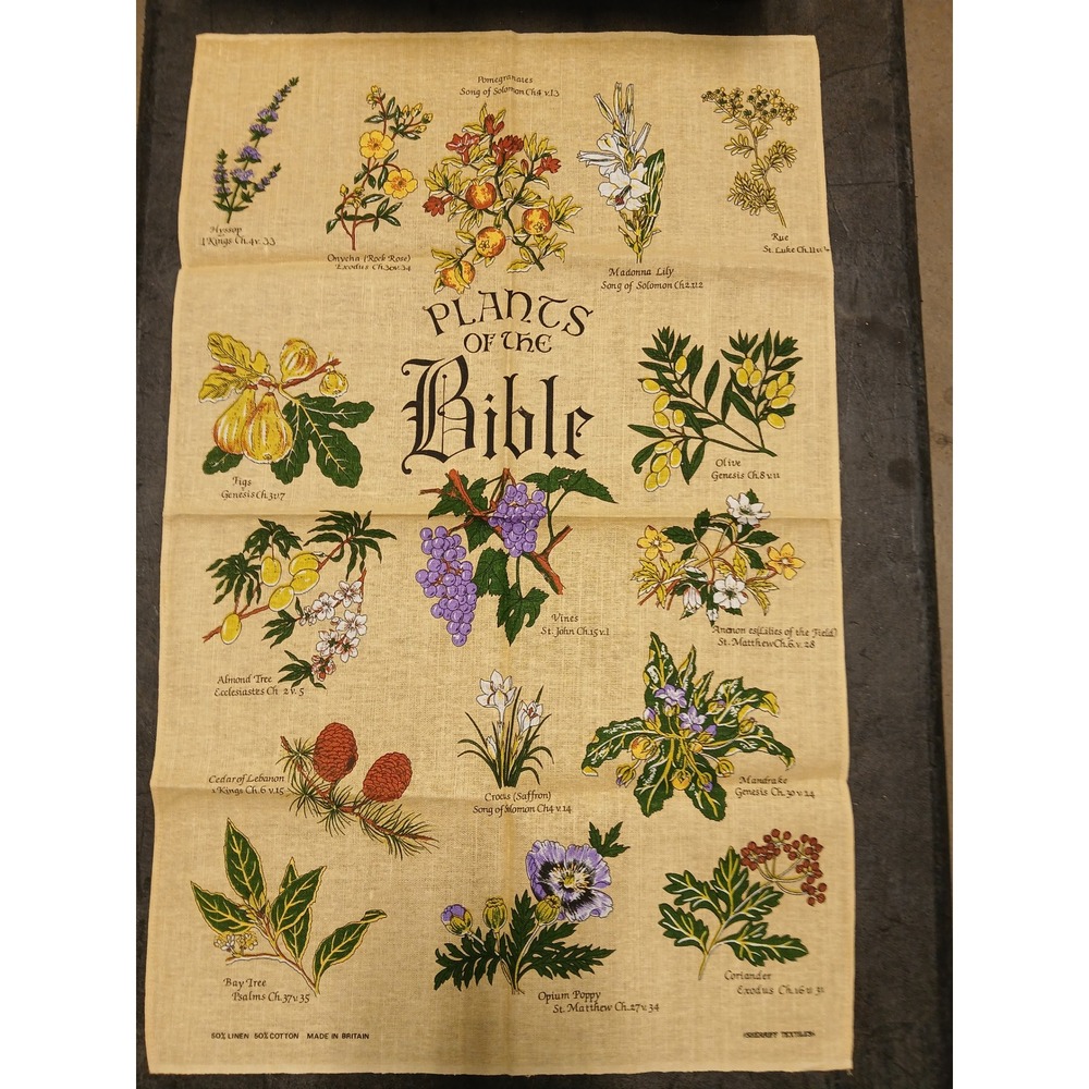 Vintage Sherriff Textiles Plants of the Bible Linen Cotton Tea Towel Britain
